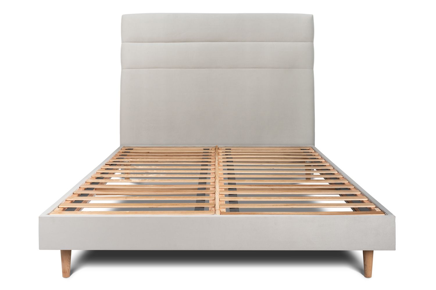Cama de 135x190 cm con cabecero de línea - tejido de terciopelo - gris clar