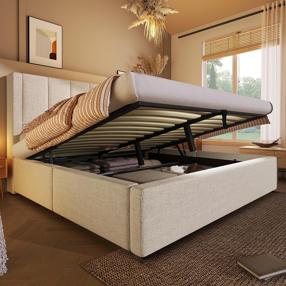 Cama tapizada,140x200,portavasos ocultos,beige,con colchón
