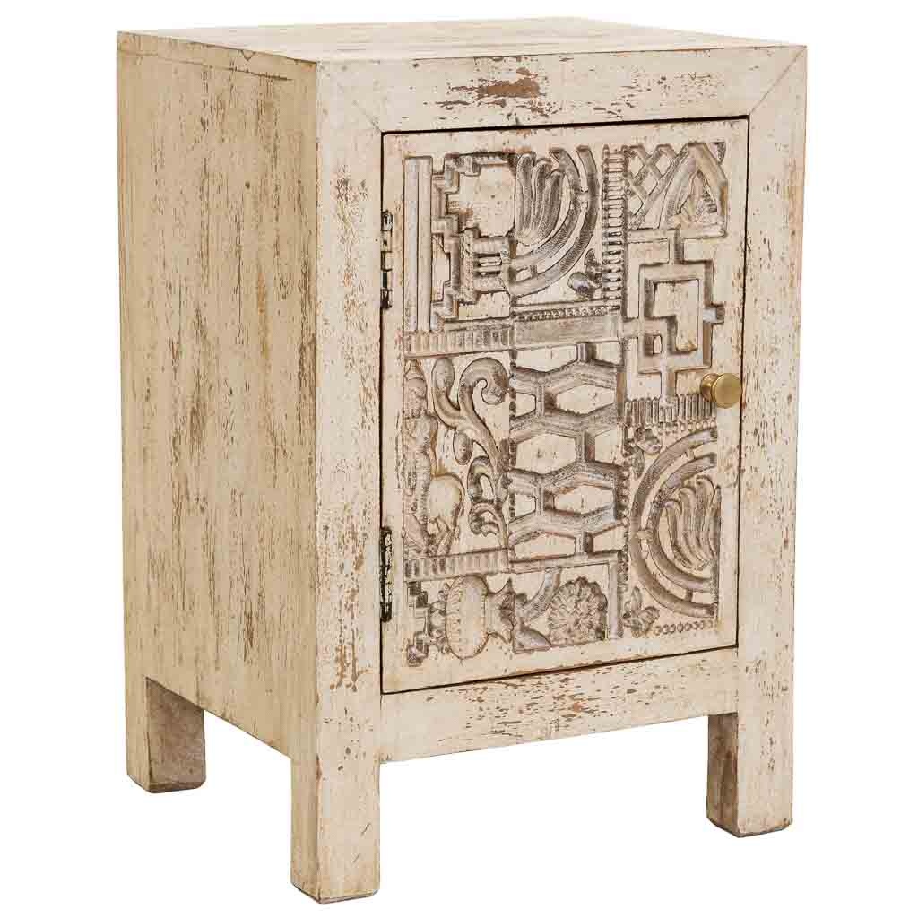 Mesita de noche de madera tallada artesanal beige 40x35x60h cm