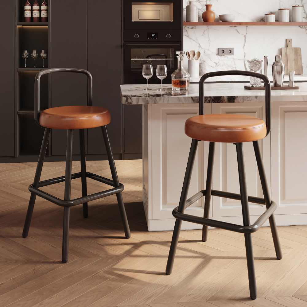 Taburete de bar respaldo ergonómico pu marrón reposapiés metal