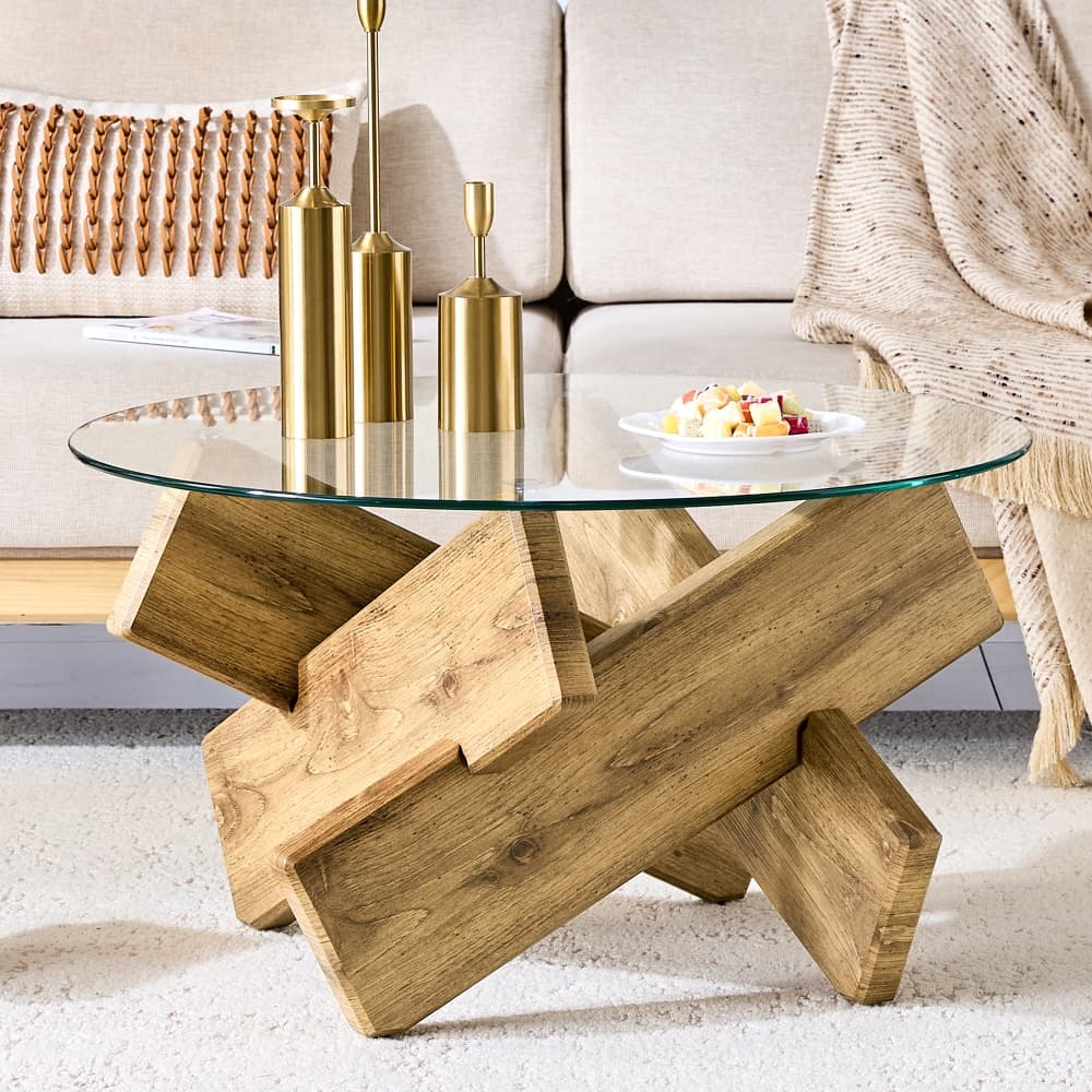 Mesa de centro redonda para salón madera y vidrio transparente 45x79x79cm