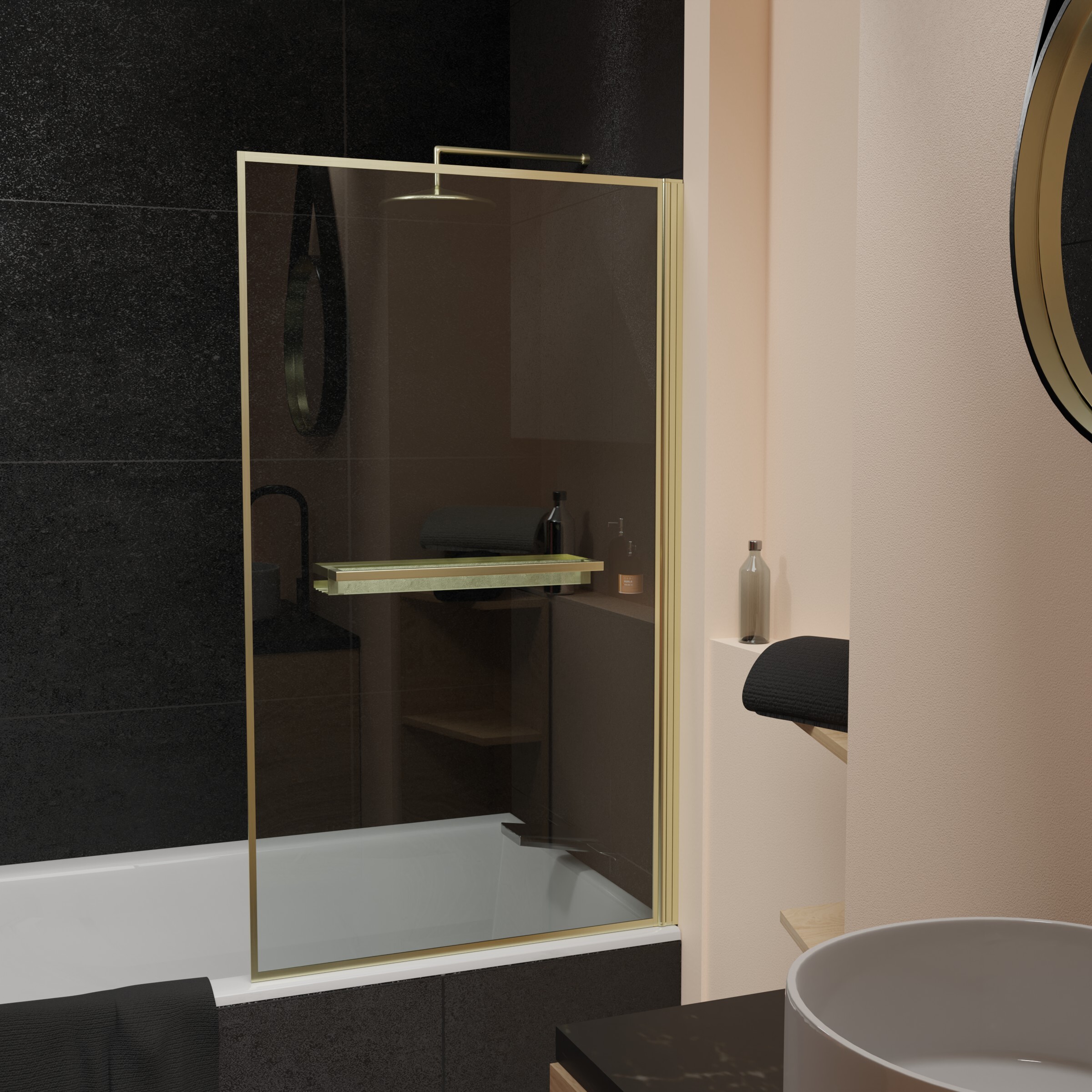 Mampara de bañera abatible 75x130cm - toallero y estante oro cepillado