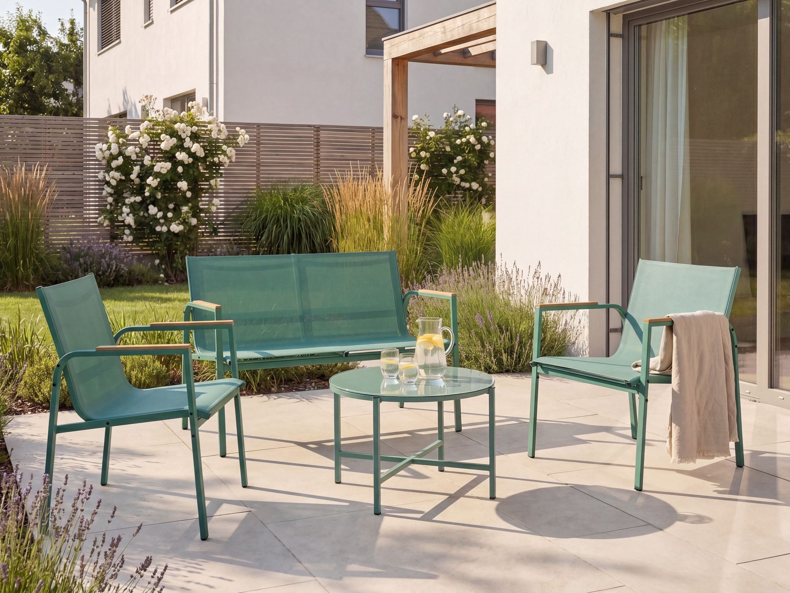 Conjunto de jardín con mesa 4 plazas LEDro metal verde