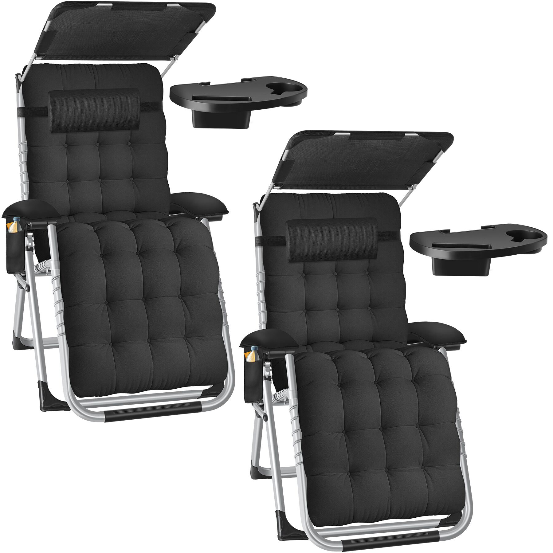 2 tumbonas plegables con techo solar ajustable y mesa auxiliar, negro