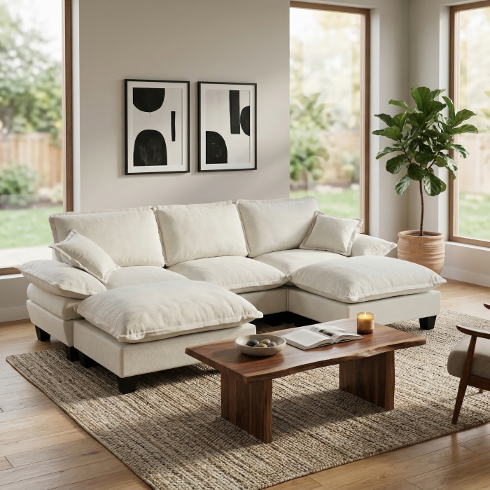 Sofá modular en u chenilla beige 4 plazas con 2 otomanas y 2 cojines