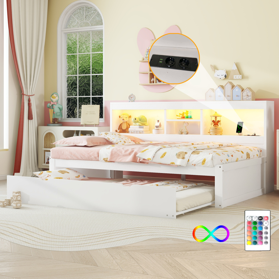 Cama nido 90x200 cm con LED, usb y almacenaje mdf – color blanco