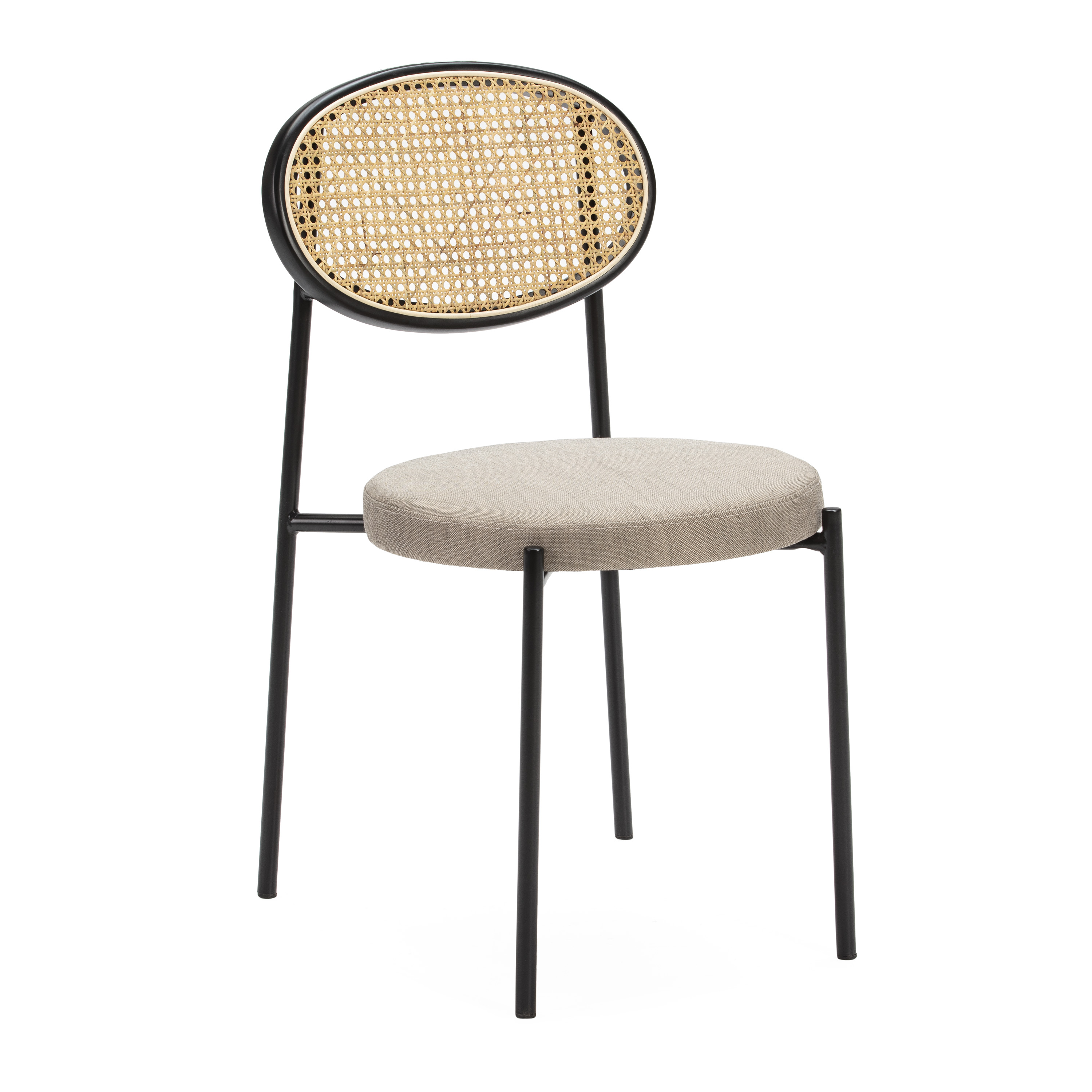 Silla apilable 44x53x83 metal negro, ratan natural, tela gris