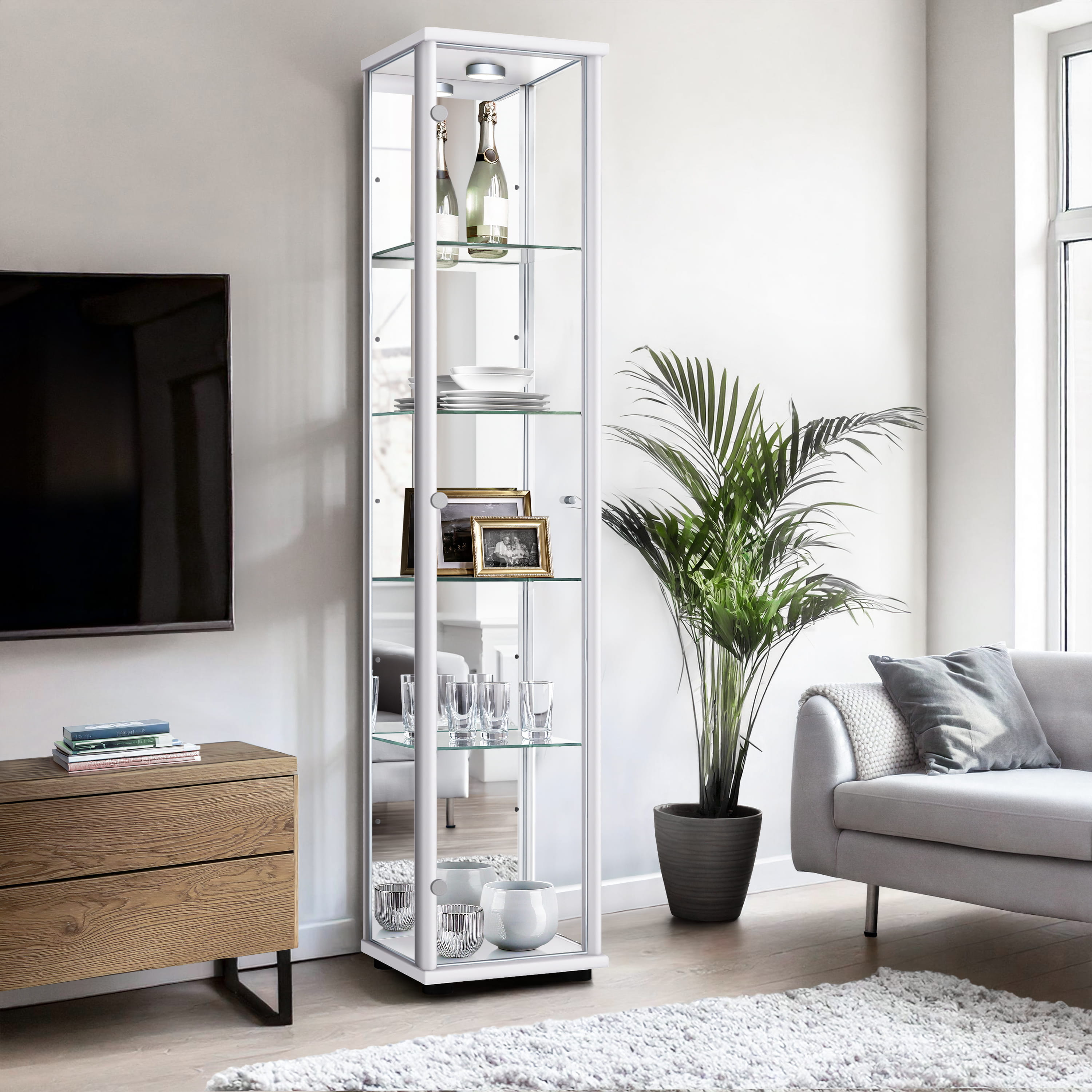 K-möbel vitrina cristal en blanco (176x37x33 cm) con espejo y LED