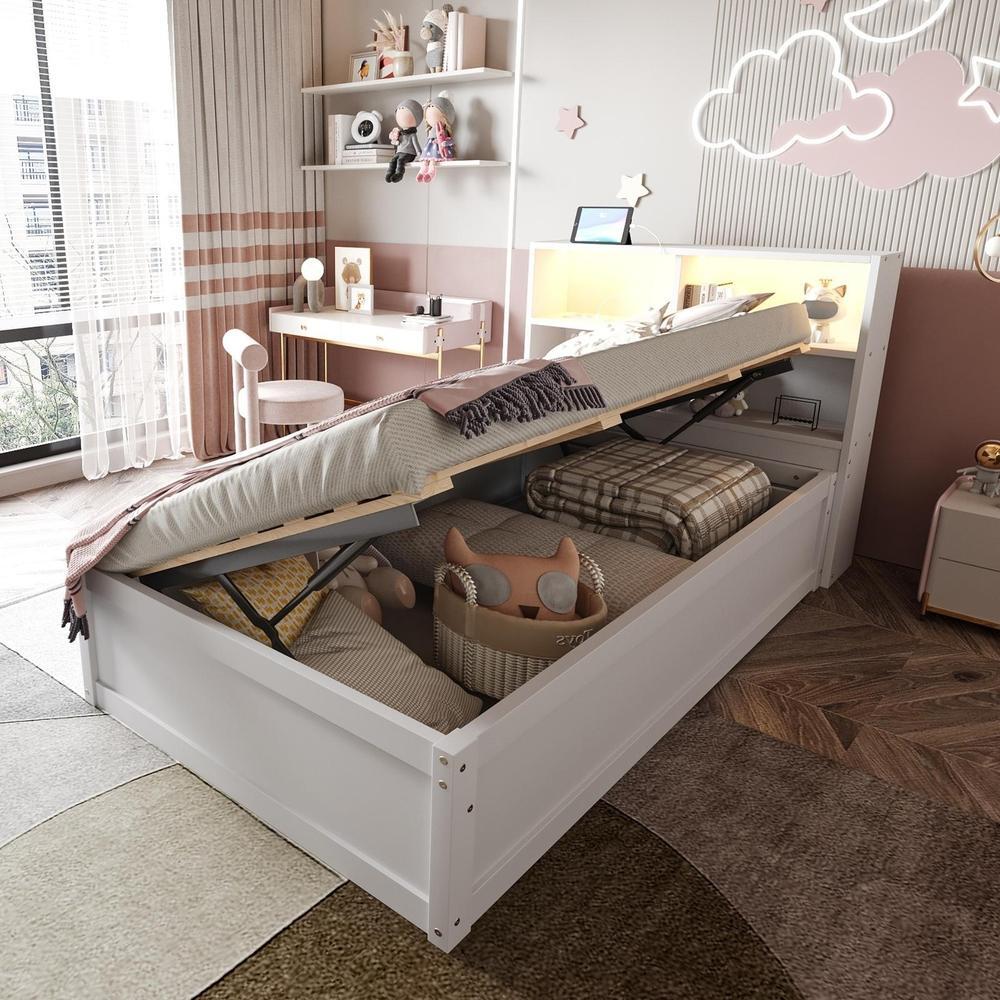 Sofá cama 90x200 cm, madera maciza, LED, enchufes, almacenaje, blanco