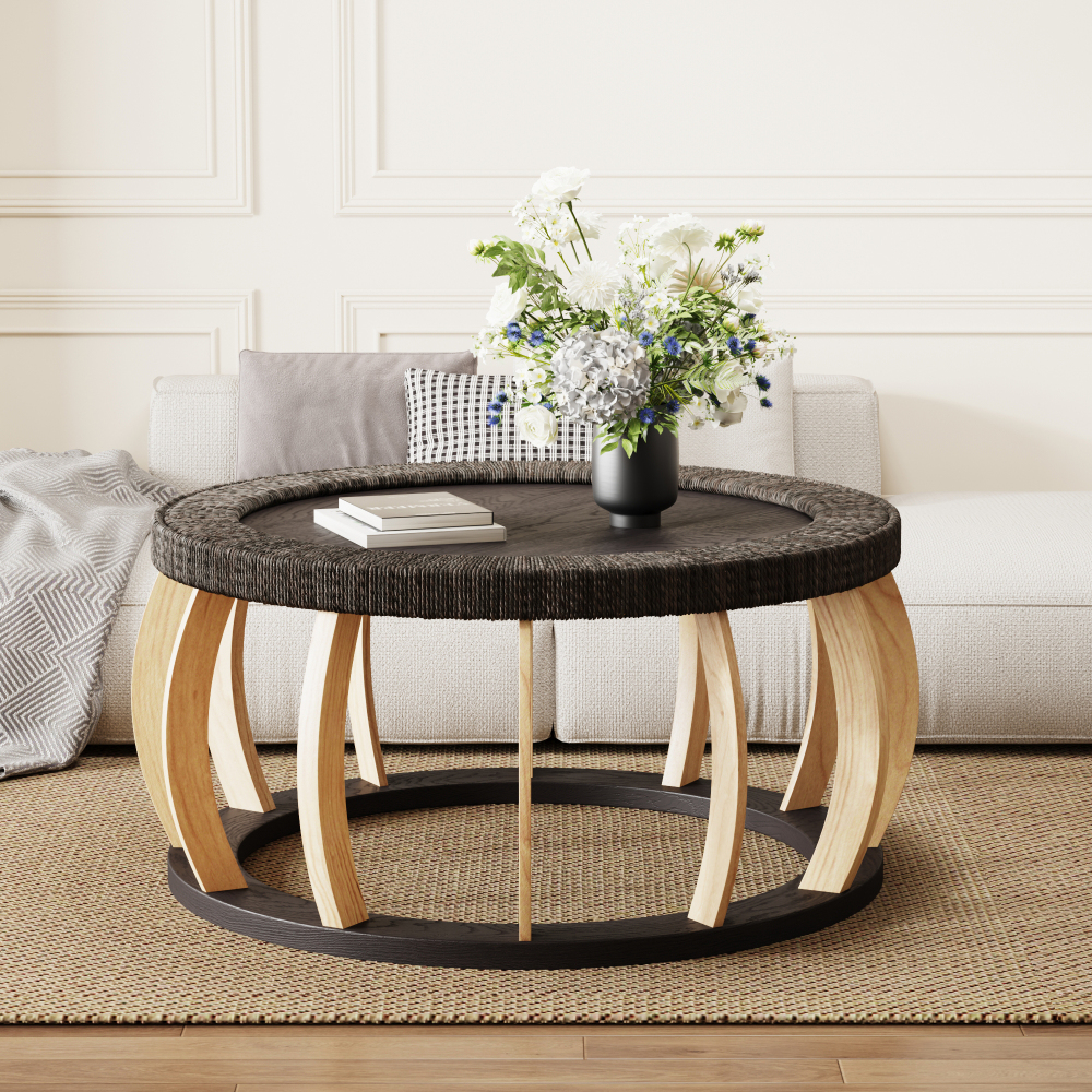 Mesa de centro redonda madera y ratán negro marrón 43x90x90cm