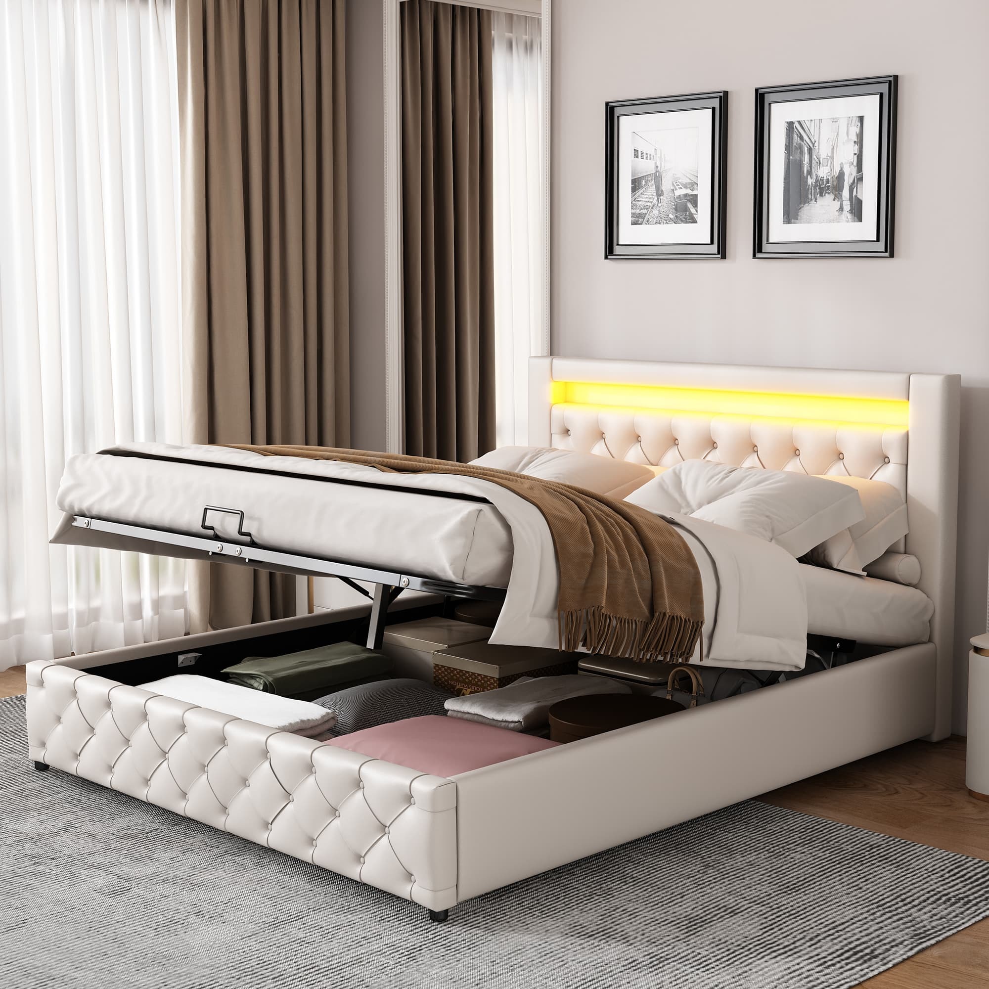 Cama tapizada 140x190cm con almacenaje hidráulico y LED pu – color blanco