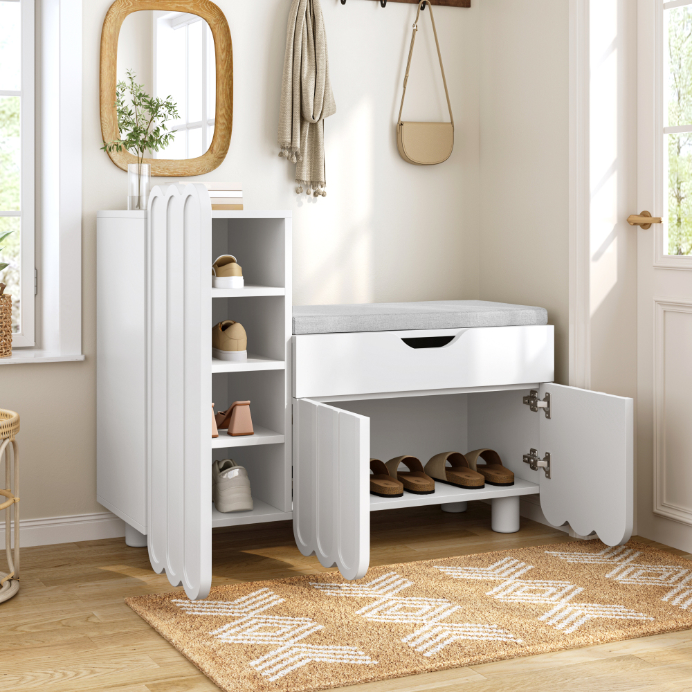 Zapatero con asiento 3 puertas y 1 cajón blanco 74,5x90x35cm