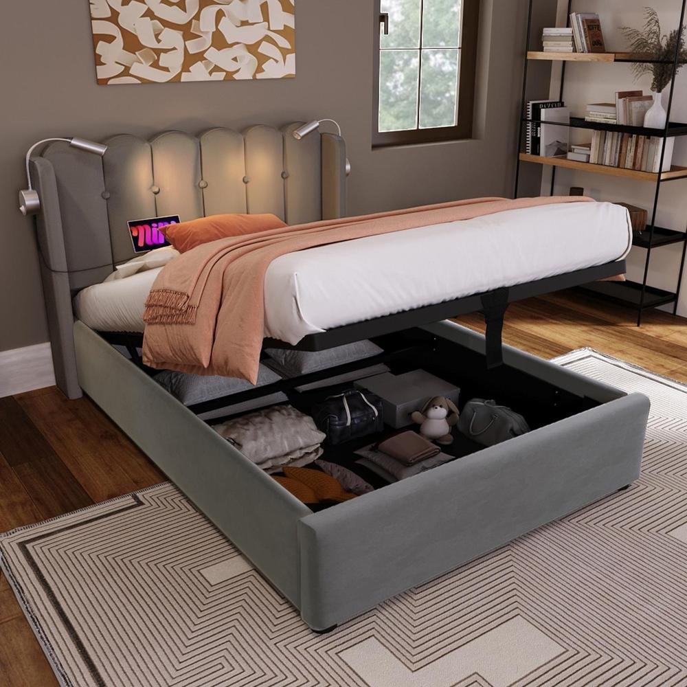 Cama individual 90x200cm con luz lectura usb almacenaje gris