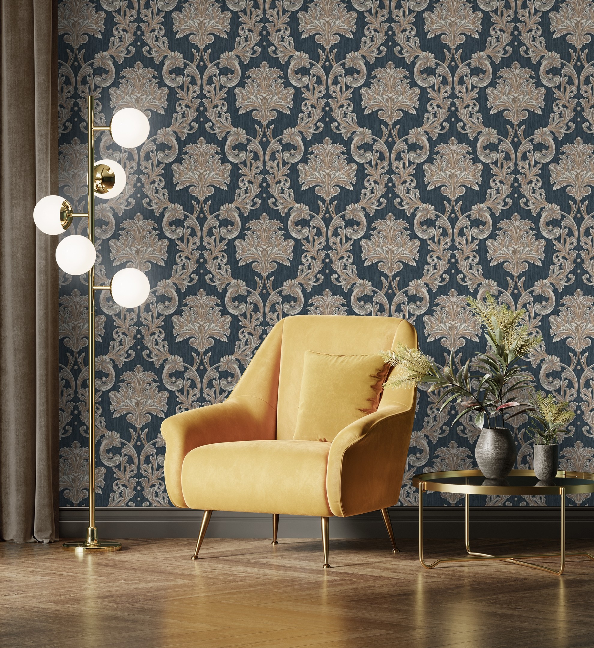 Papel pintado gaulan damasco clásico azul textura de tela tejida 10.6m²