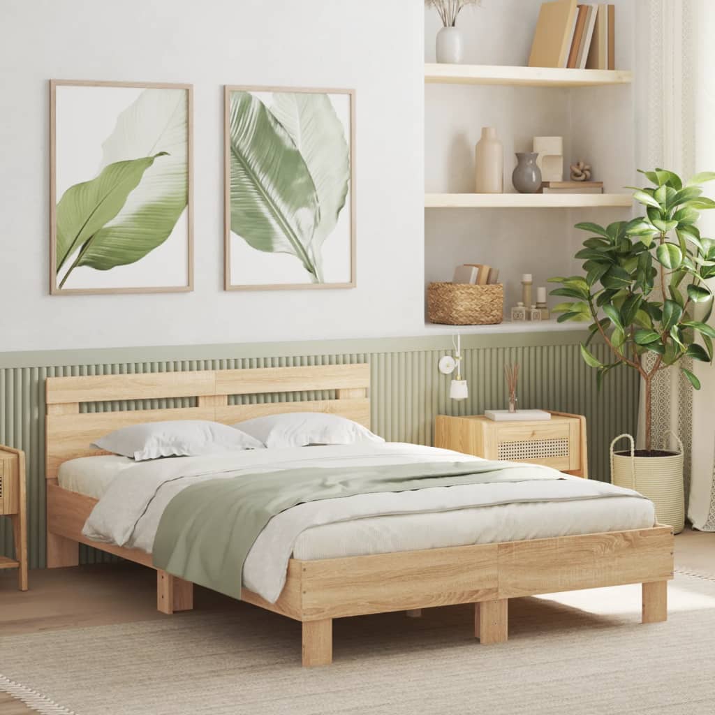 Cama con cabecero madera de ingeniería roble sonoma 135x190 cm es7272