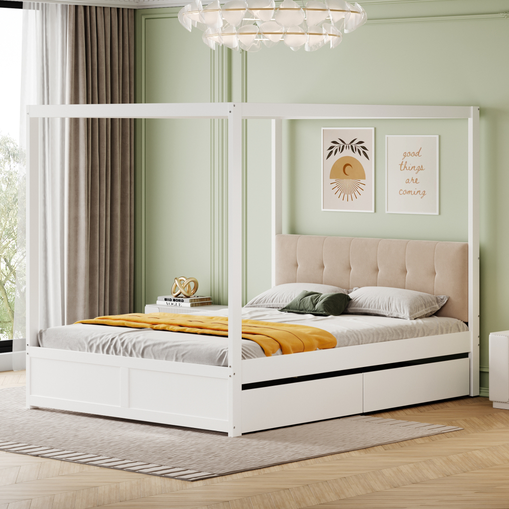 Cama doble 140x200cm con postes, cajones y cabecero acolchado madera blanco