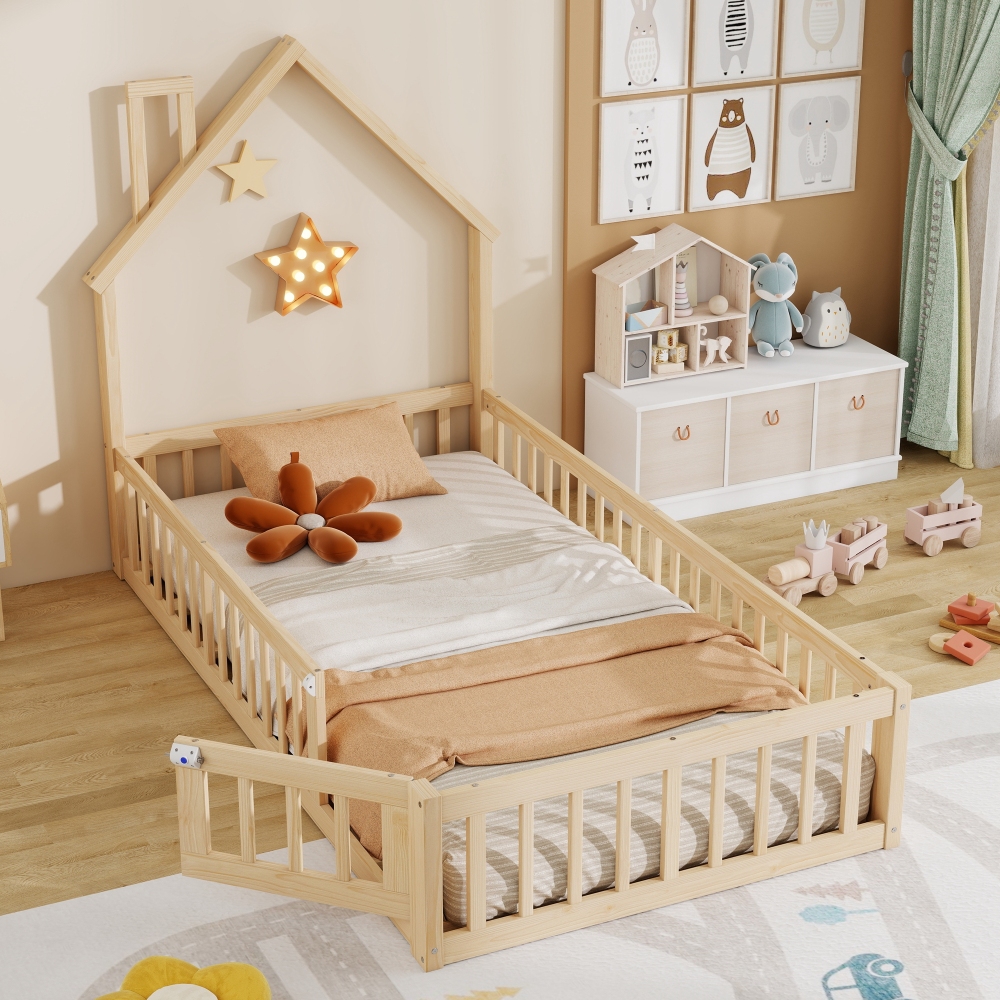 Cama casita 90x200cm con chimenea y barandilla de pino – natural