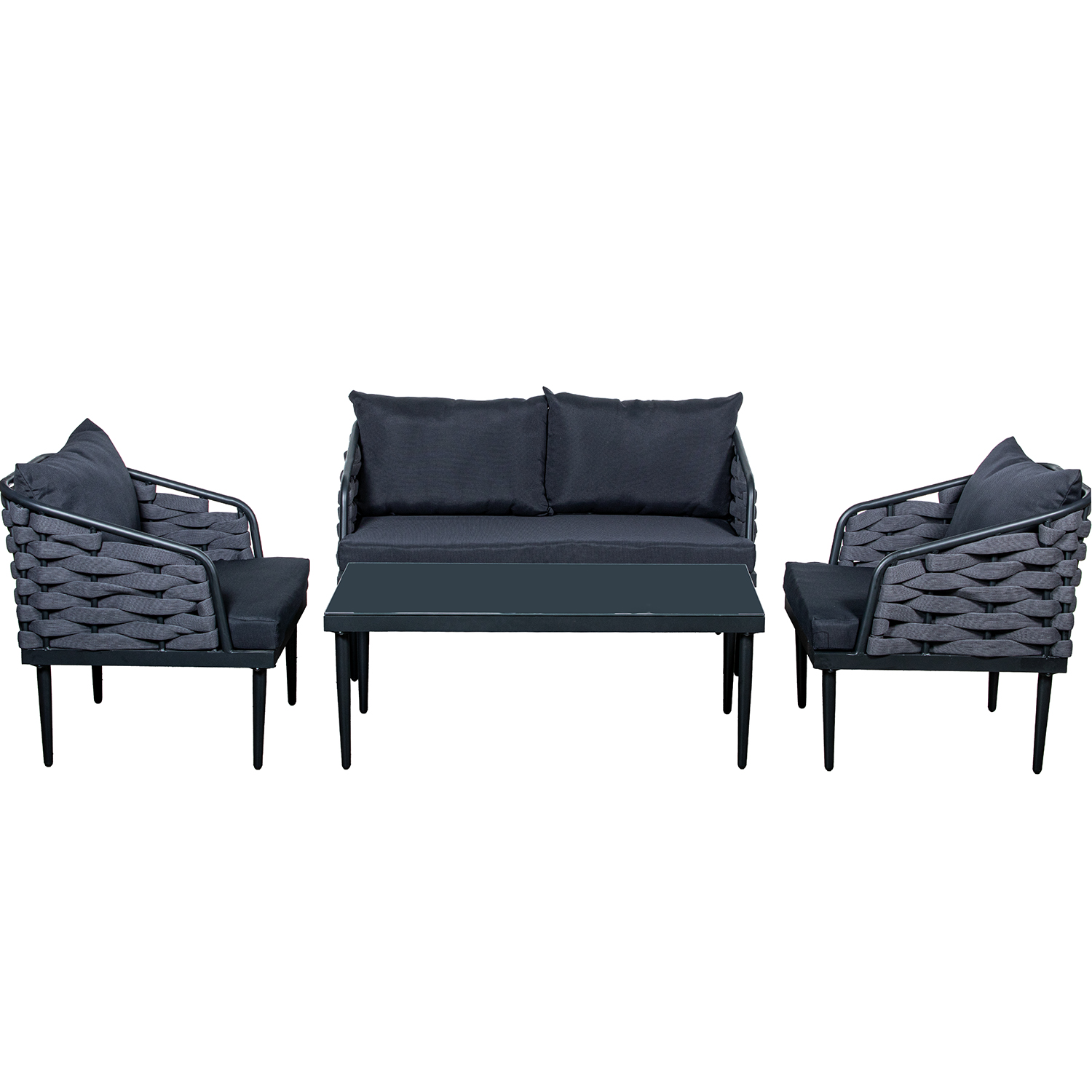 Set sofa 2 plazas y 2 sillones y mesa aluminio, cristal, poliester