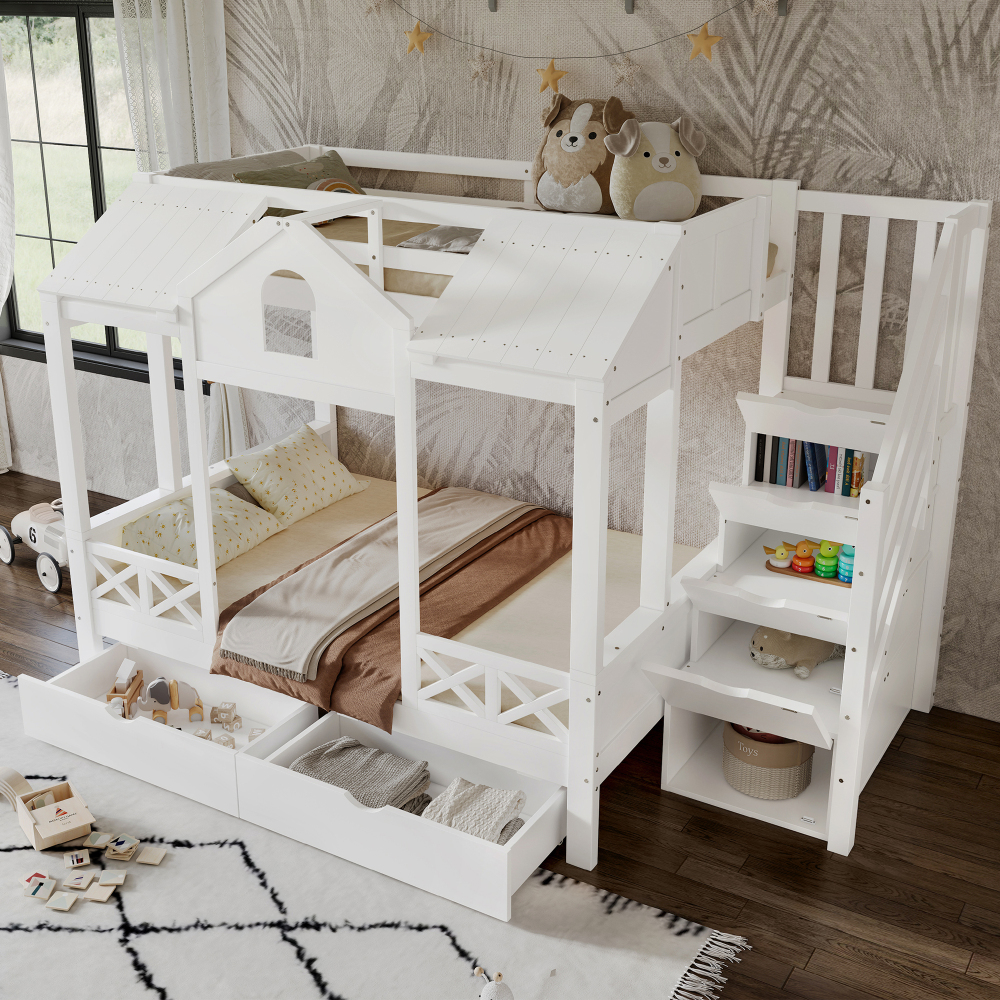 Litera 90/140x200 cm con cajones y escalera con almacenaje madera – blanco