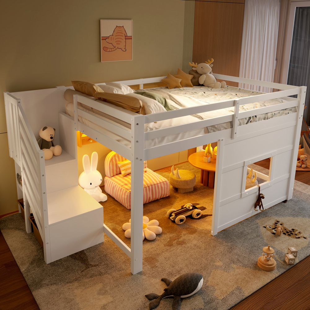 Cama alta 140x200 cm con escalera de almacenaje y ventana madera – blanco