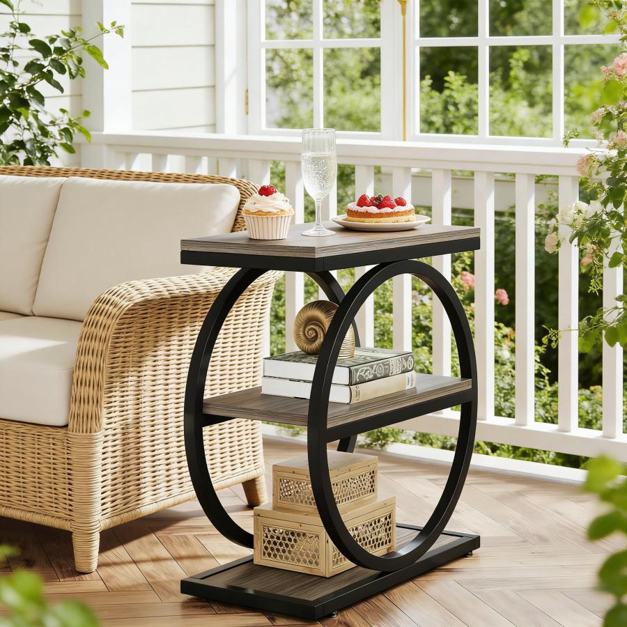 Mesa auxiliar de 3 niveles para sofá dormitorio metal y madera negro y gris