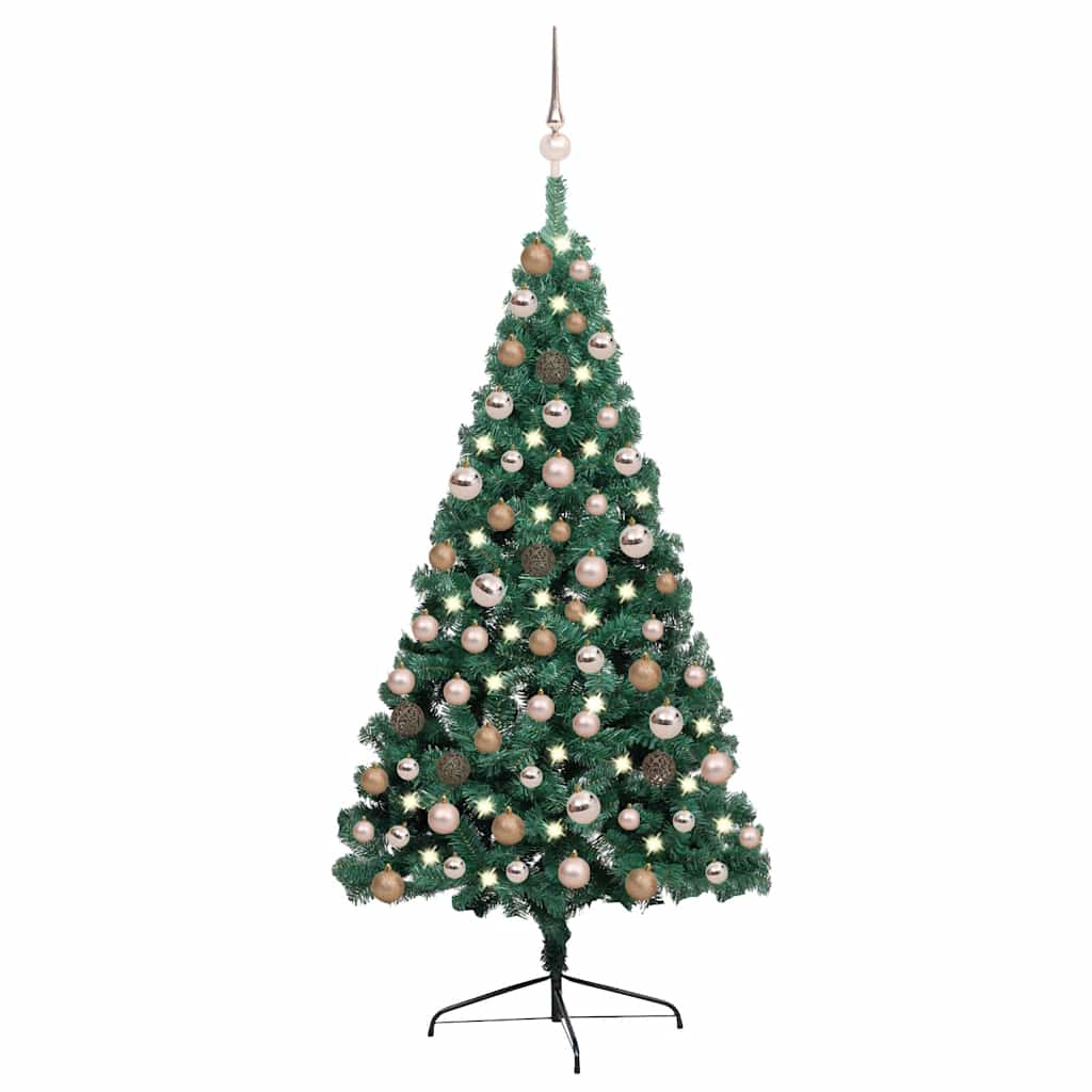 vidaXL medio árbol de navidad con luces y bolas verde 120 cm
