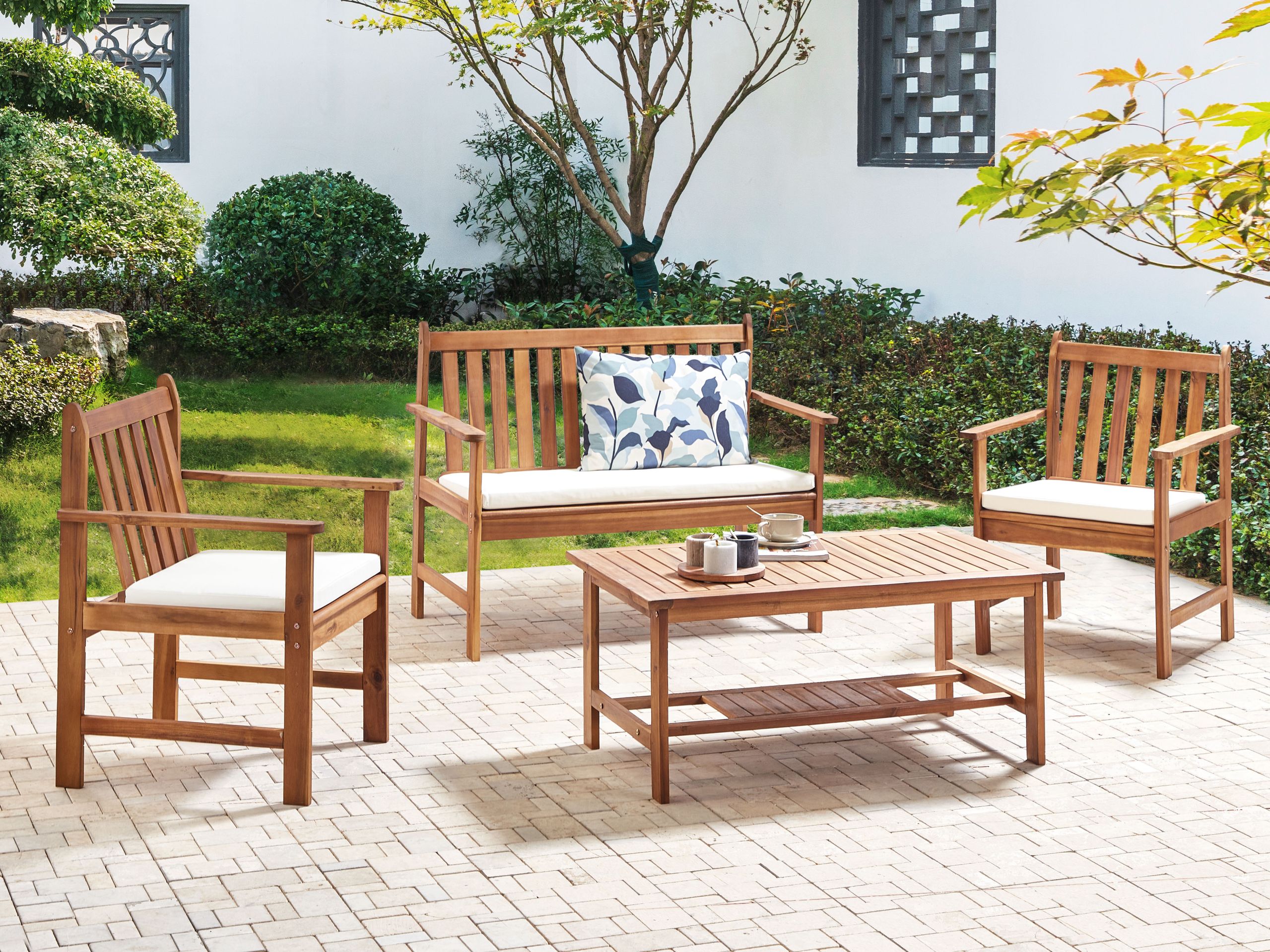 Conjunto de jardín con mesa 4 plazas altidona madera de acacia blanco crema