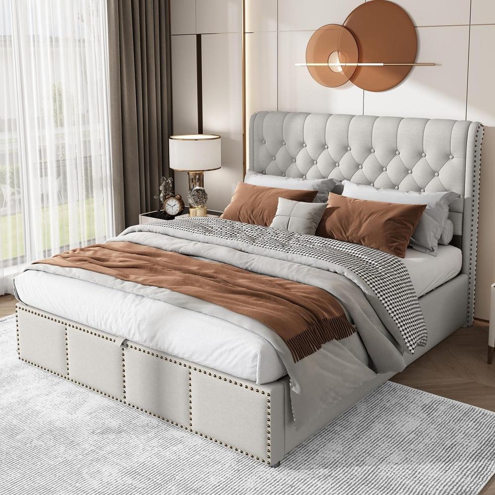 Cama doble 140x190 cm lino algodón con arcón hidráulico y tachuelas