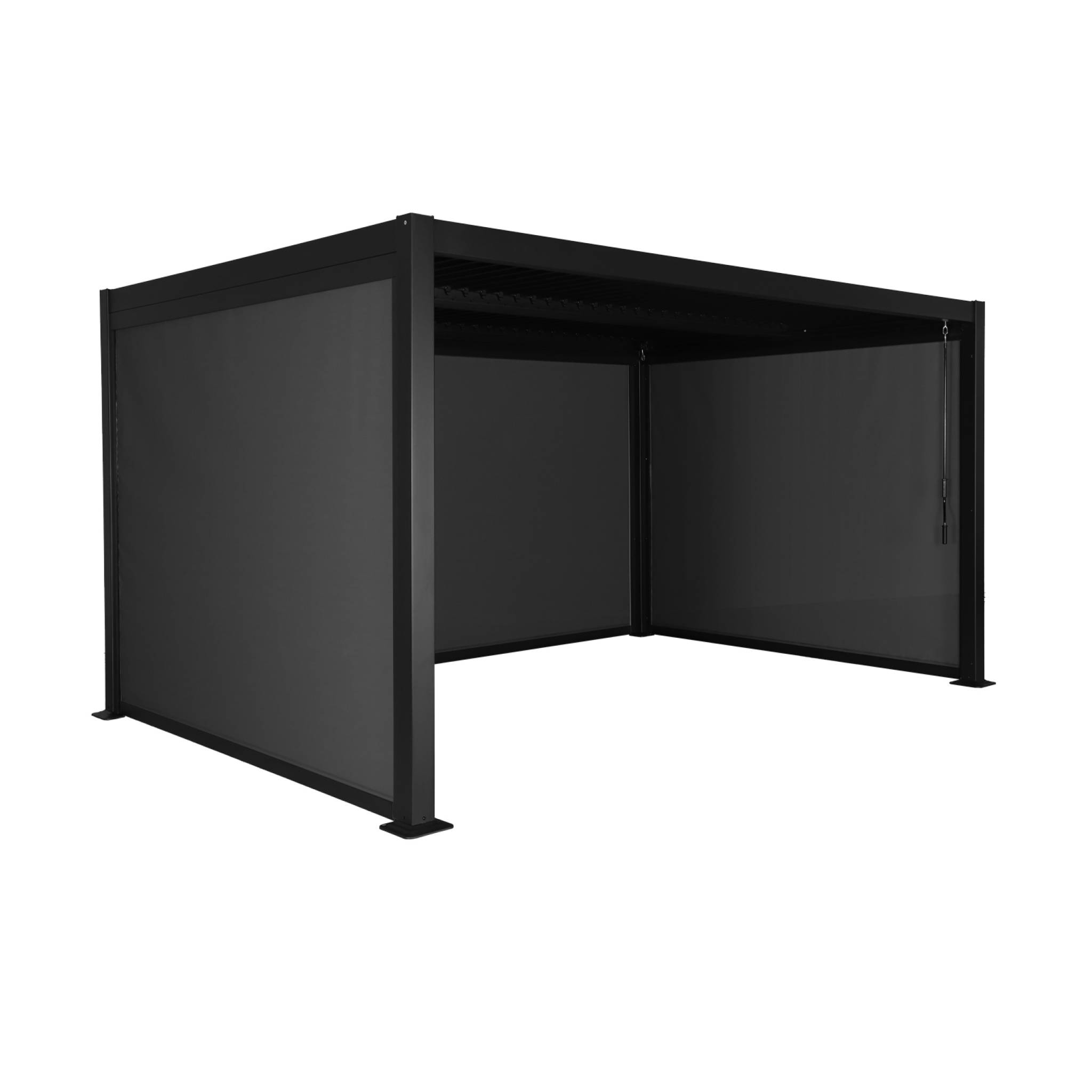 Pérgola bioclimática de aluminio y acero, 3x4m con 2 toldos 3m + 1 toldo 4m