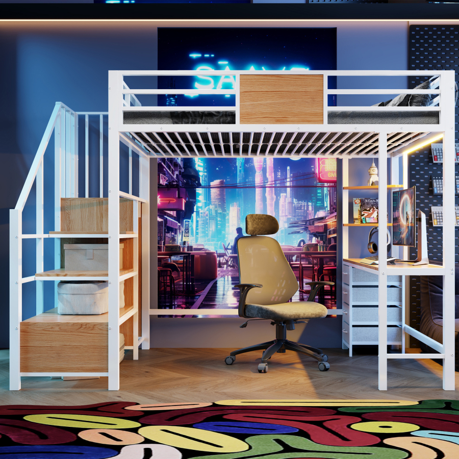Cama alta 140x200 cm con escritorio, barra de ropa y LED – blanco