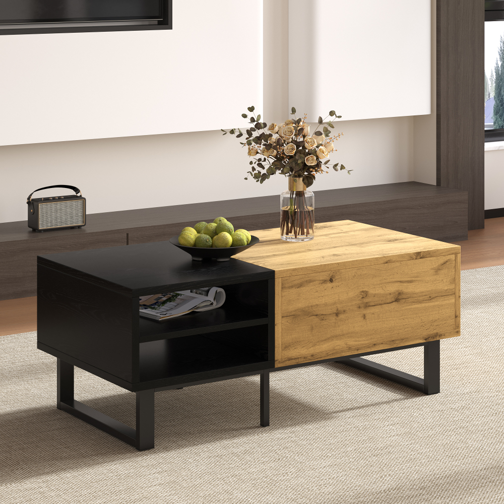 Mesa de centro con 1 cajón y 3 huecos madera natural y negro 40x100x50cm