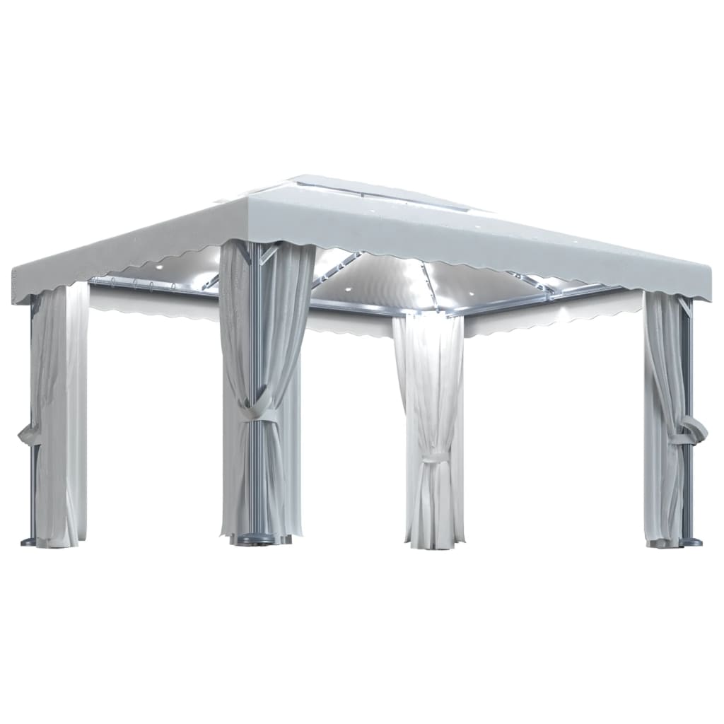 vidaXL cenador con cortina y tira de luces LED aluminio crema 4x3 m