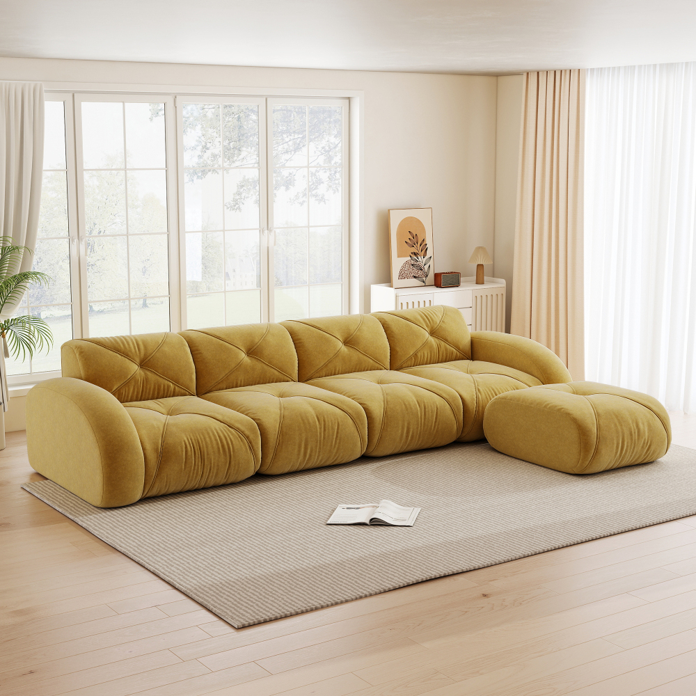 Sofá modular en l de chenilla amarillo 4 plazas con otomana para salón