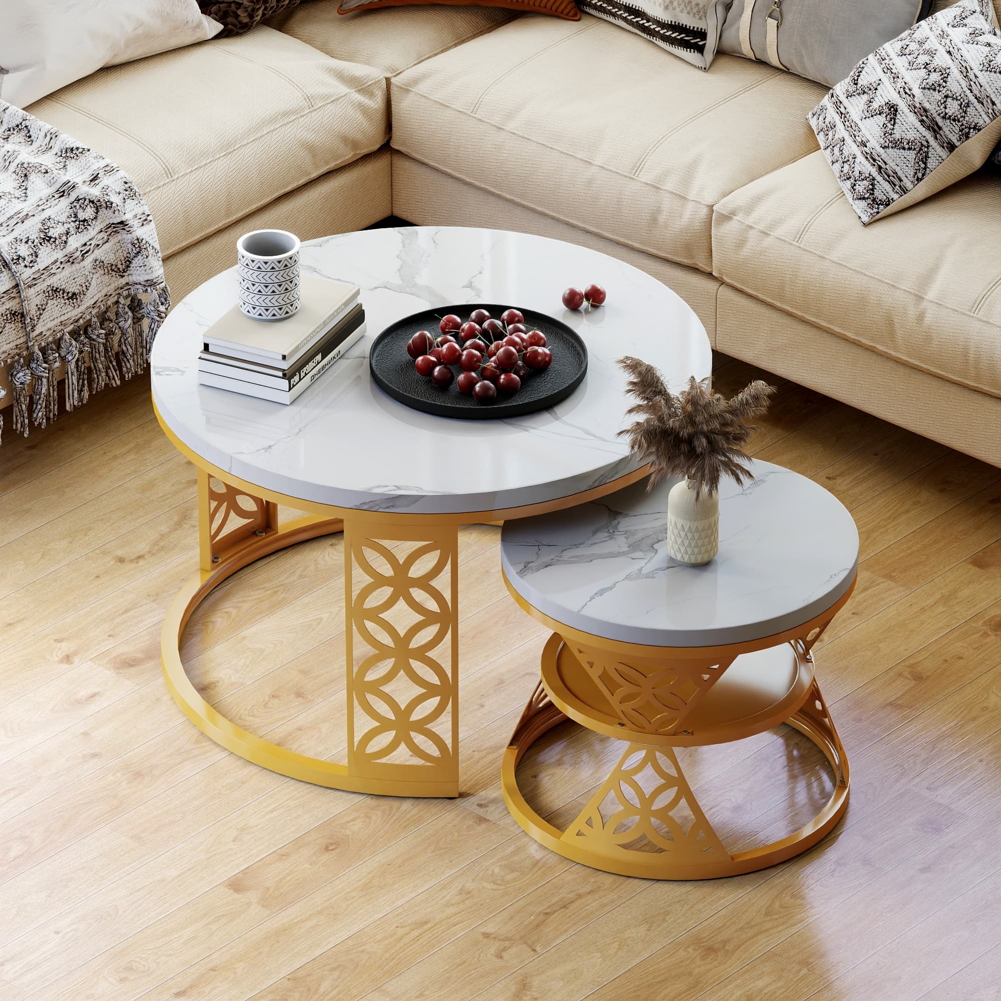Mesa de centro nido marmolada 70 y 45 cm metal blanco