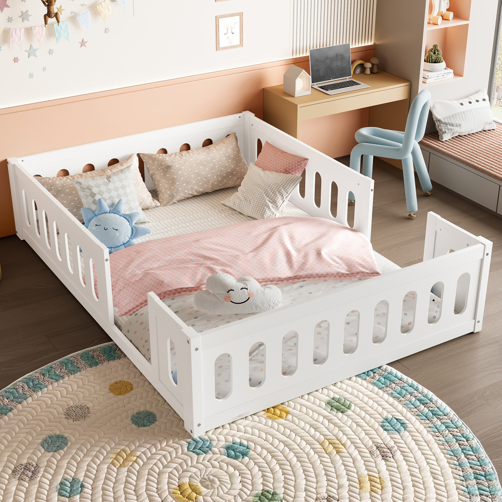 Cama 140x200 cm con barandilla madera y mdf – color blanco