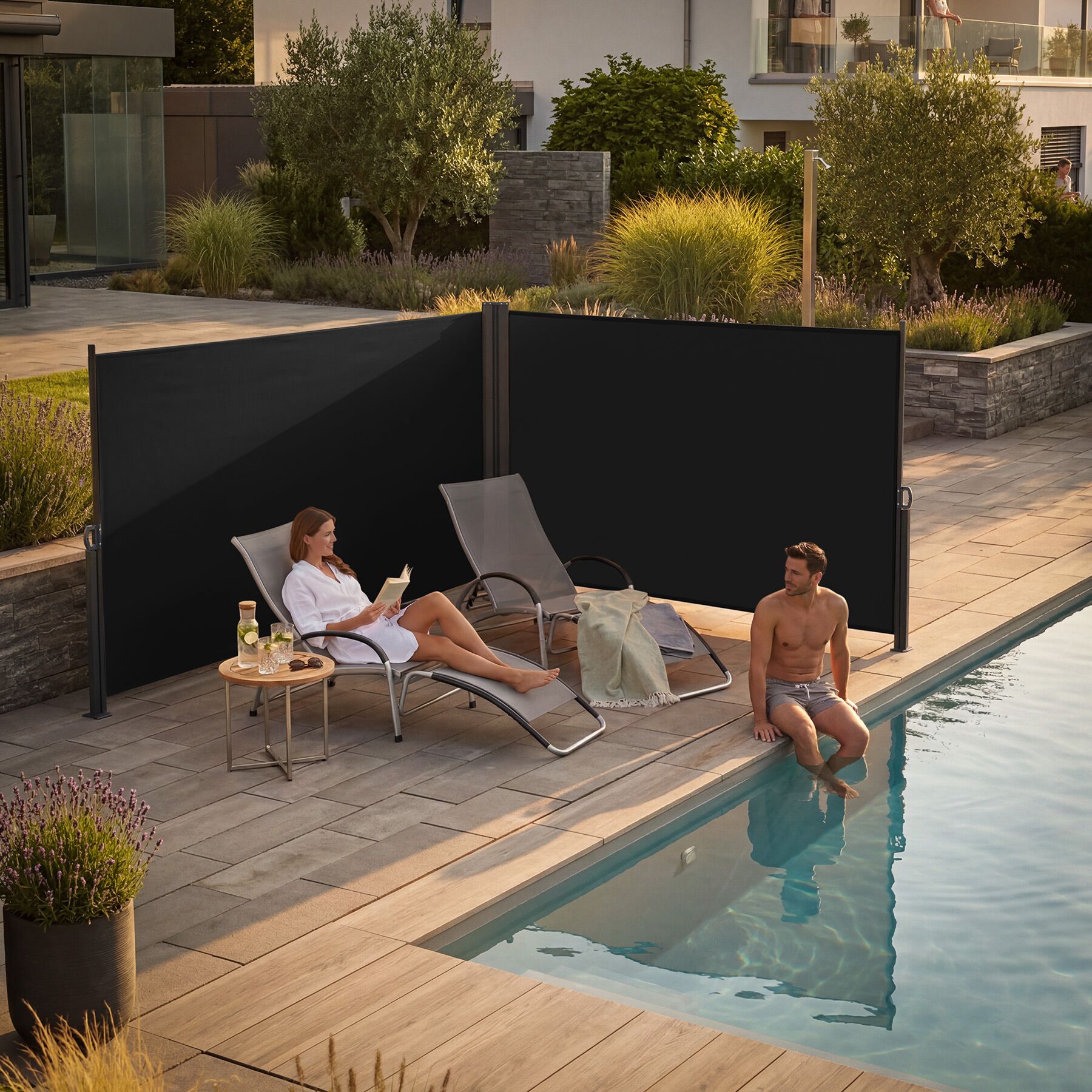 Toldo lateral doble retractil acero poliester impermeable negro tectake