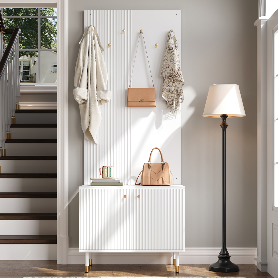Mueble recibidor con zapatero y 6 ganchos blanco 180x70x35cm