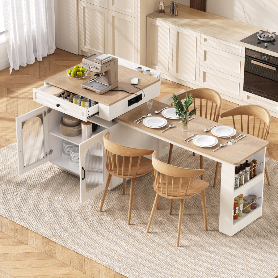Isla de cocina con mesa extensible LED mdf blanco 92x128-200x71cm