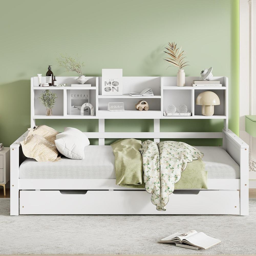 Canapé cama madera 90x200cm con lit gigogne 90x190cm almacenaje blanco