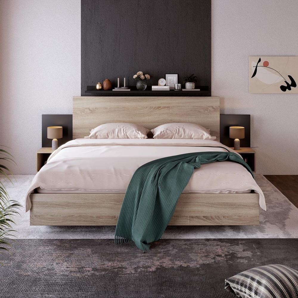 Cama de madera 160x200cm con 2 mesitas, nogal oscuro y gris oscuro