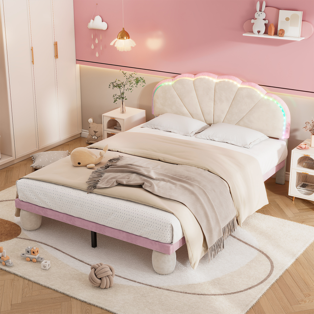 Cama infantil doble 140x200cm con luz y cabecero ondulado terciopelo beige