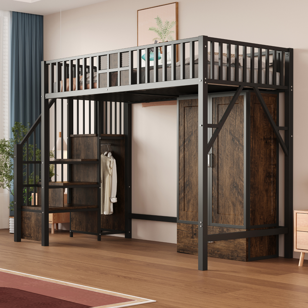 Cama alta 90x200cm con armario, cajón y almacenaje, metal y mdf – negro