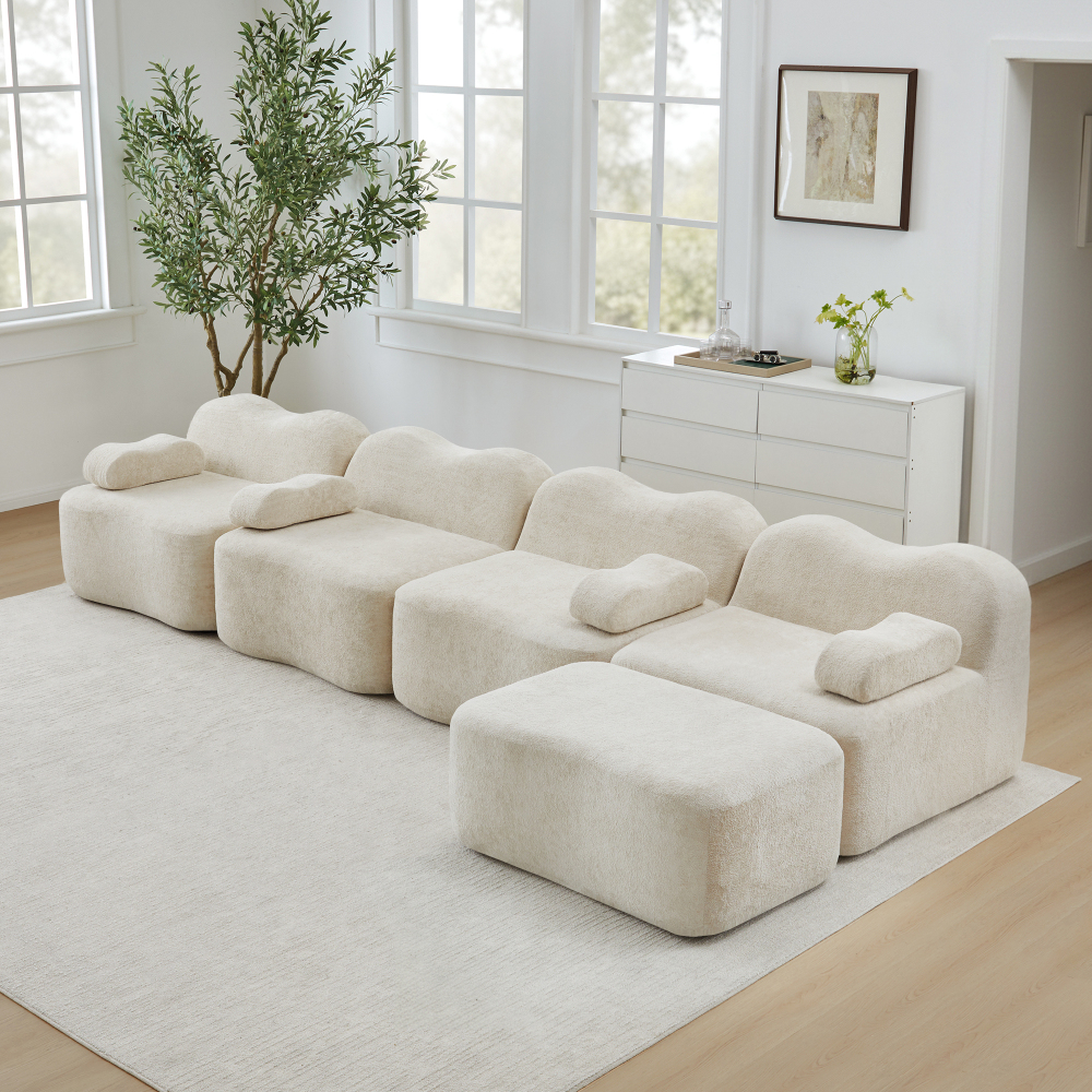 Sofá modular en l 4 plazas terciopelo beige otomana diseño ondulado