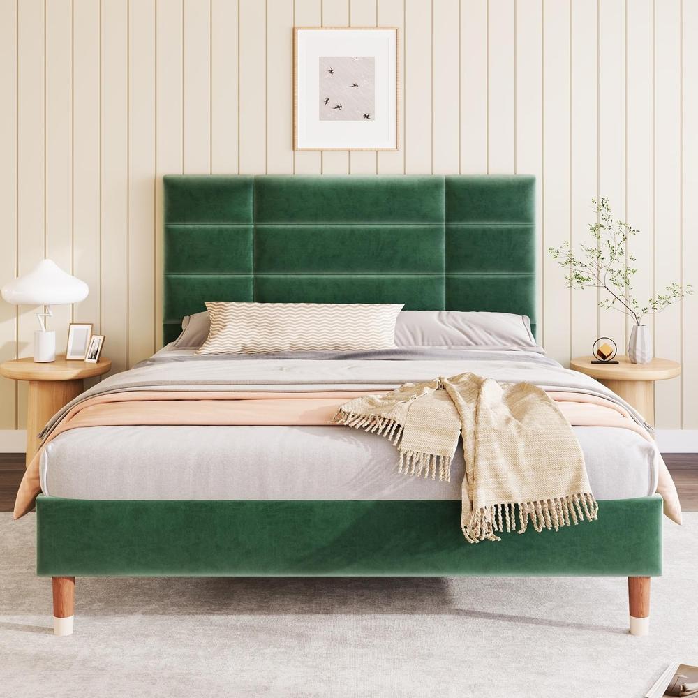 Cama 140x200 cm con cabecero tapizado, color verde, sin colchón