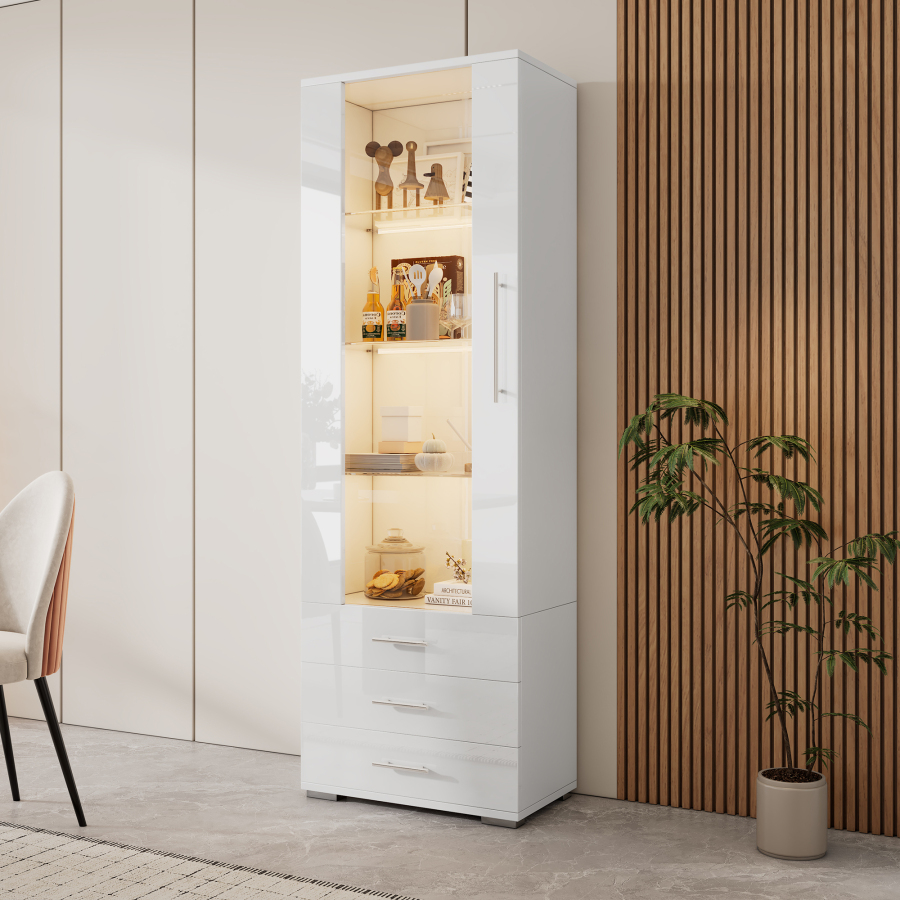 Vitrina con LED y 1 puerta 3 cajones blanco 180x60x35cm