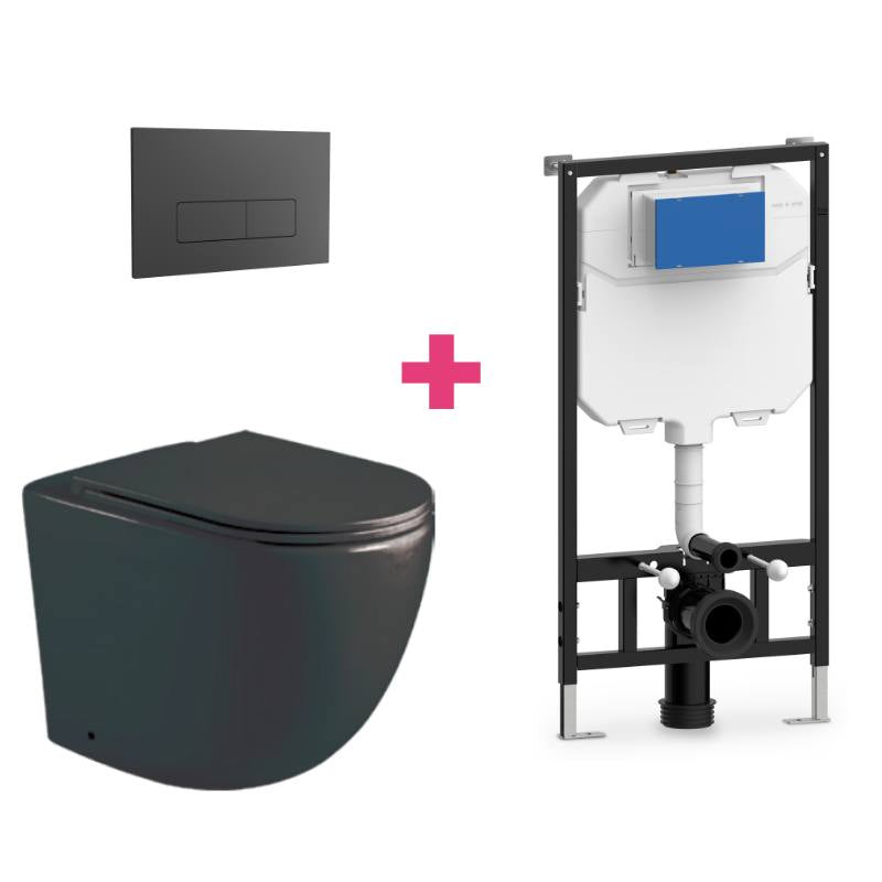 Pack inodoro genova negro mate con cisterna y pulsador negro rectangular
