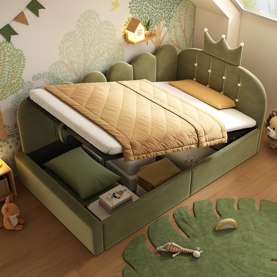 Cama tapizada 90x190cm con almacenaje y diseño corona verde