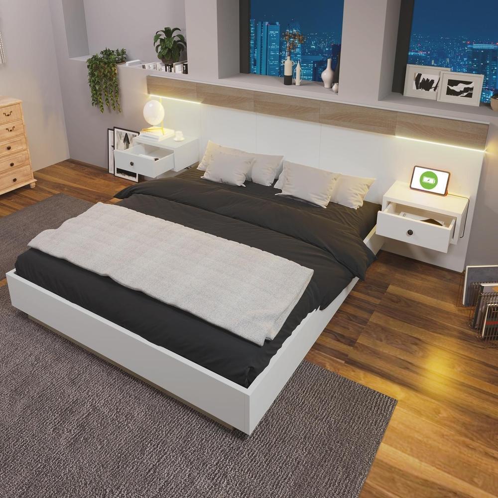 Cama flotante 140x200cm con almacenaje, 2 mesitas LED usb-c blanca