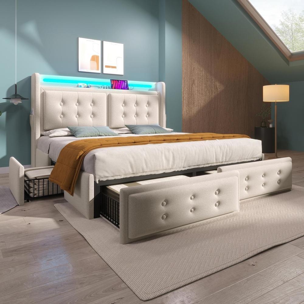 Cama doble 180x200cm con cabecero LED, usb-c y 4 cajones beige
