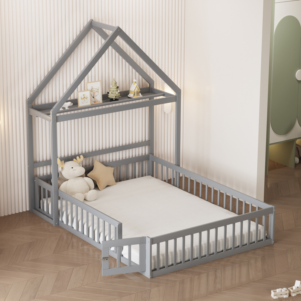 Cama infantil casita 140x200cm con barandilla y estante madera – gris